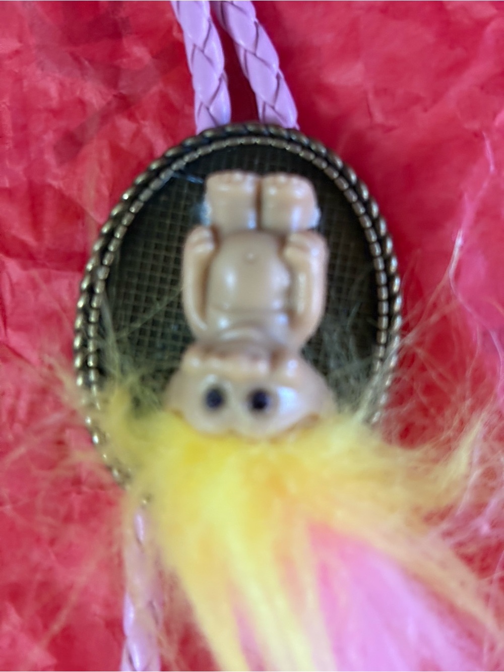 Vintage-Inspired Yellow & Pink Troll Pendant Necklace